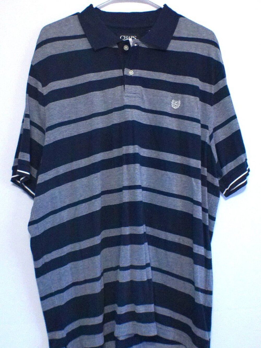 Chaps Polo Shirt Mens XL Black Gray Striped Cotton Short Sleeve Classic Fit